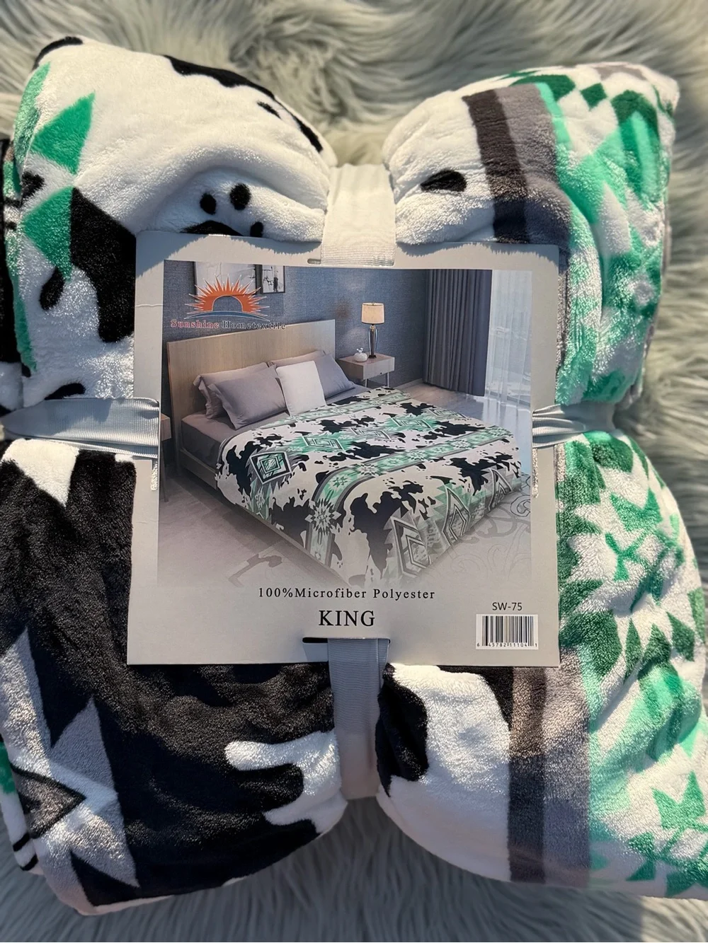 New king size flannel blanket cowhide and Aztec Print - Mint & Black and white